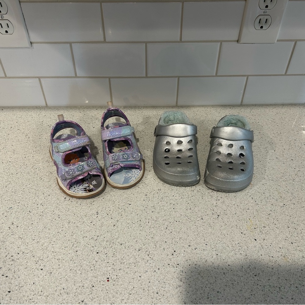 Kids Purple Sandals and Silver Croc Set, Size 8/9